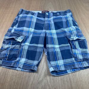 Lazer Utility Cargo Shorts Mens 36 Blue Plaid Cotton Workwear